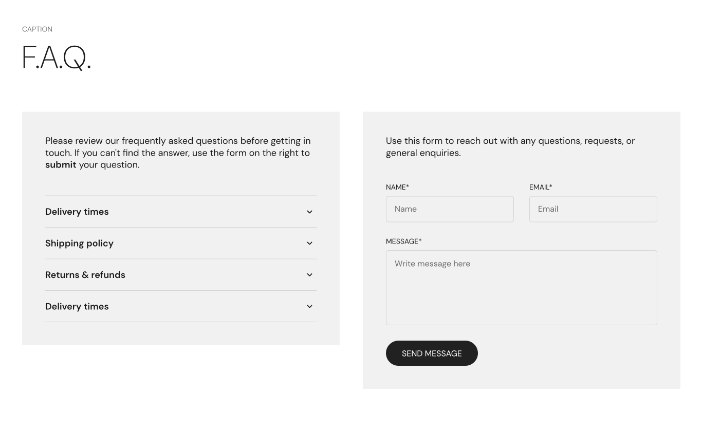 Storefront FAQ section built on Multicolumn: a heading F.A.Q., a left card with intro text and accordion questions and a right card with a contact form.