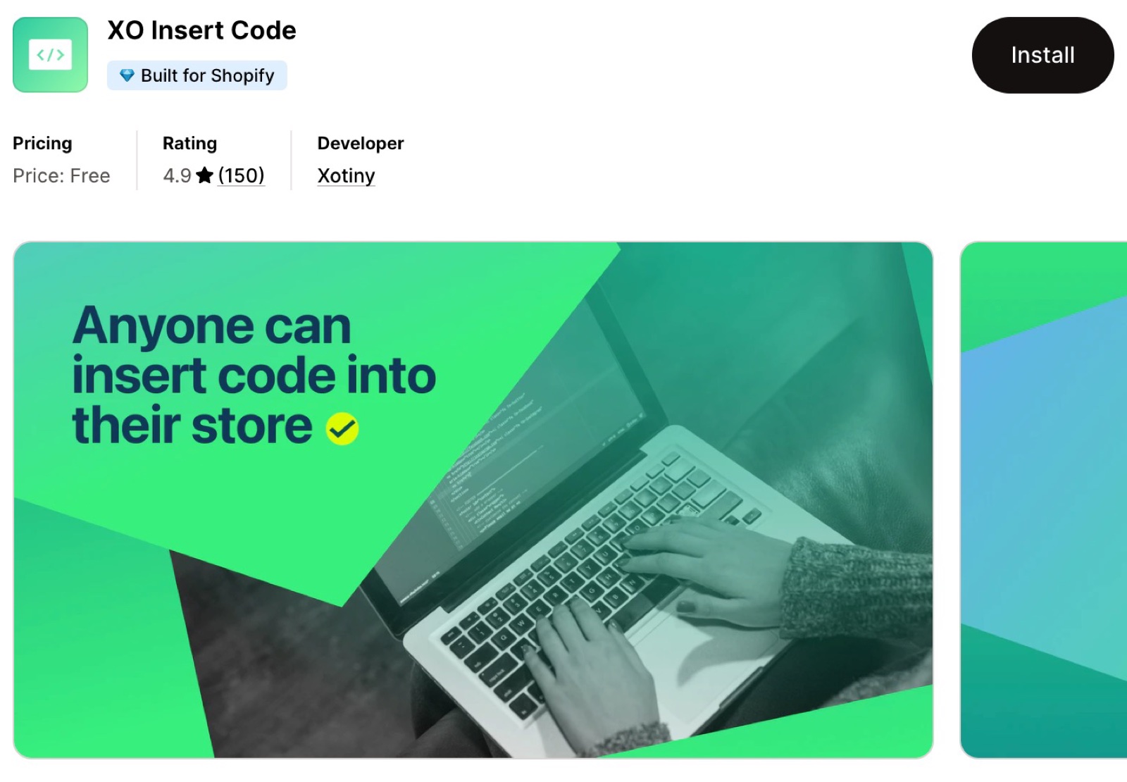 XO Insert Code App Store listing: free, developer Xotiny, and a banner "Anyone can insert code into their store".