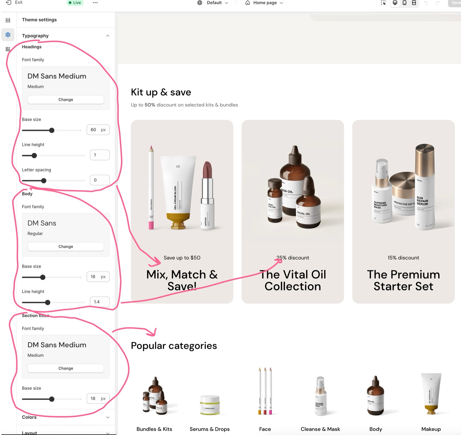 Theme editor Theme settings → Typography panel with the Headings, Body and Section titles font pickers, base sizes and line heights, beside a home page preview showing which text each font controls.