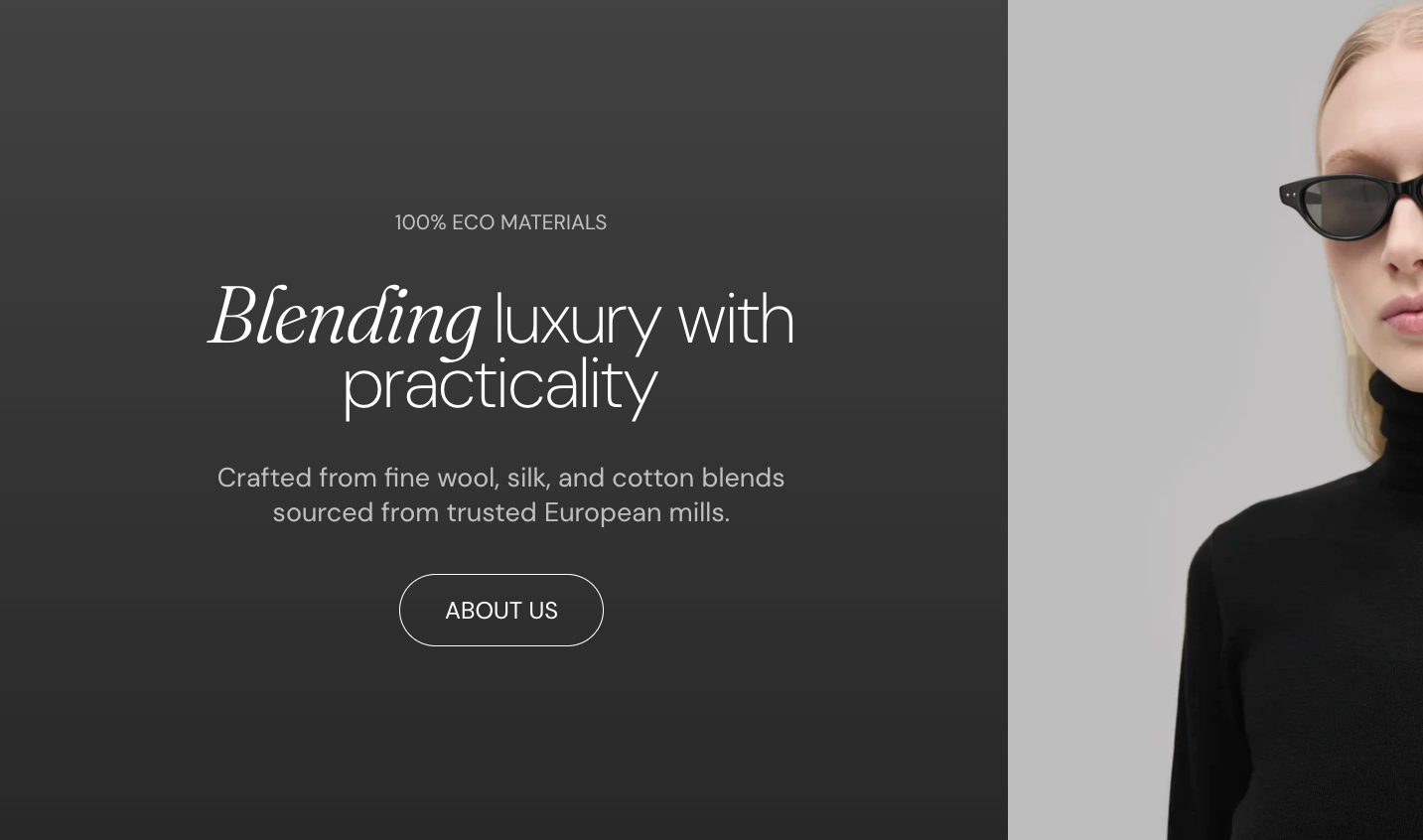 Storefront Rich text card with a Text block: caption 100% Eco materials, the heading Blending luxury with practicality, a paragraph and an About us button beside a model photo.