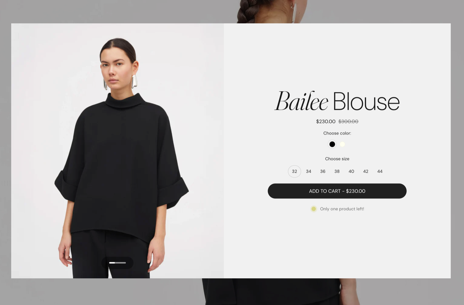 Storefront product card for Bailee Blouse with the photo on the left and title, price, color and size options and an Add to cart button on the right, shown over a dimmed page.