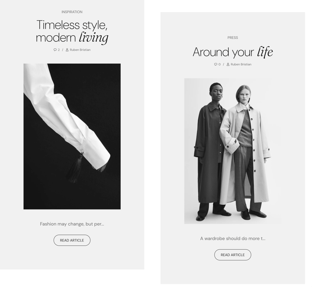 Storefront Article cards: category, accent italic title, comment count and author, photo, excerpt and a Read article button.
