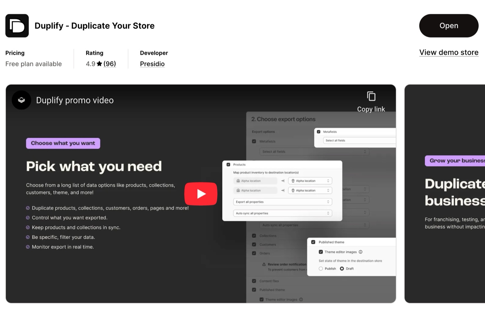 Duplify – Duplicate Your Store App Store listing: free plan available, developer Presidio, and a promo video "Pick what you need".
