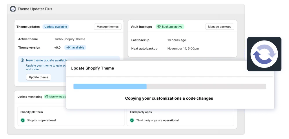 Theme Updater Plus app screen: the active theme with an update available, an Update Shopify Theme progress bar "Copying your customizations & code changes", and the Vault backup status.