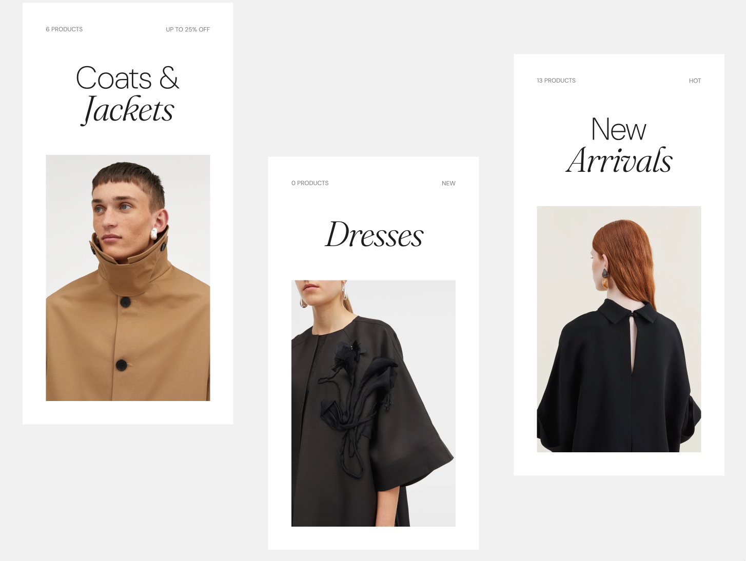 Storefront Collection cards: three white cards (Coats & Jackets, Dresses, New Arrivals) each with a product-count and label caption, a title and a photo.