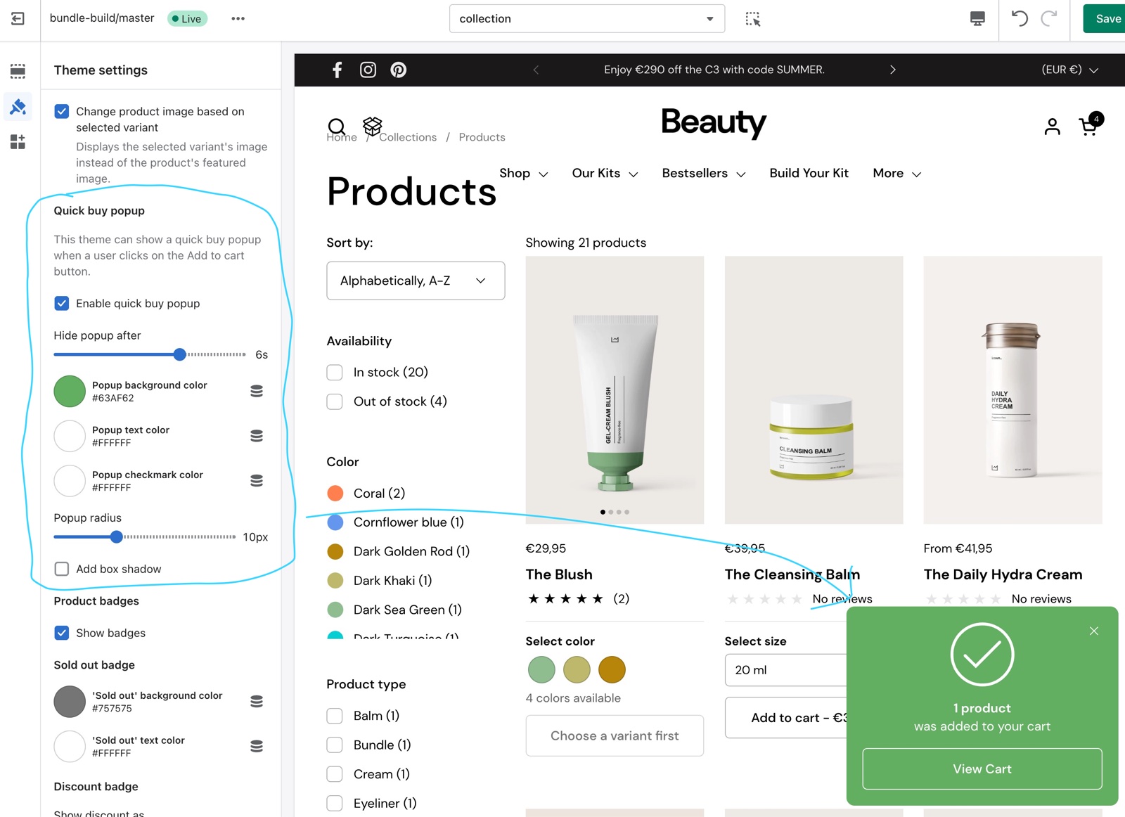 Theme editor Theme settings → Product card → Quick buy popup settings (Enable quick buy popup, Hide popup after, popup colors, Popup radius, Add box shadow) beside a collection page with the green "1 product was added to your cart" popup.