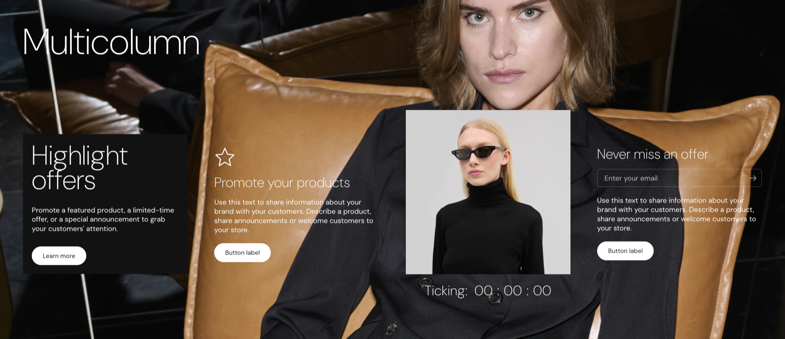 Storefront Multicolumn section over a background photo with four columns: a text card, an icon and button column, an image with a countdown and a newsletter form.