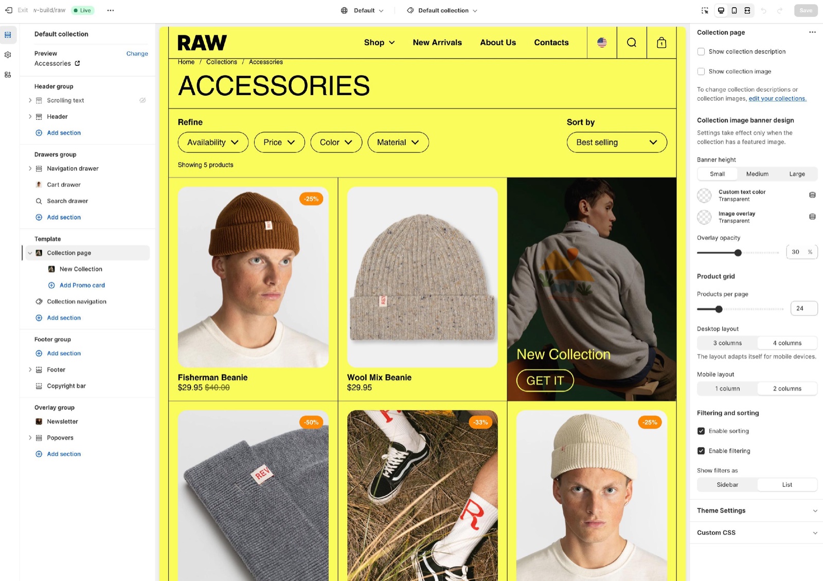 Theme editor, Collection page template with sidebar sections (Collection page with a New Collection promo card, Collection navigation) and the Collection page settings for description, image banner design, Product grid layout and Filtering and sorting, beside the RAW Accessories collection.