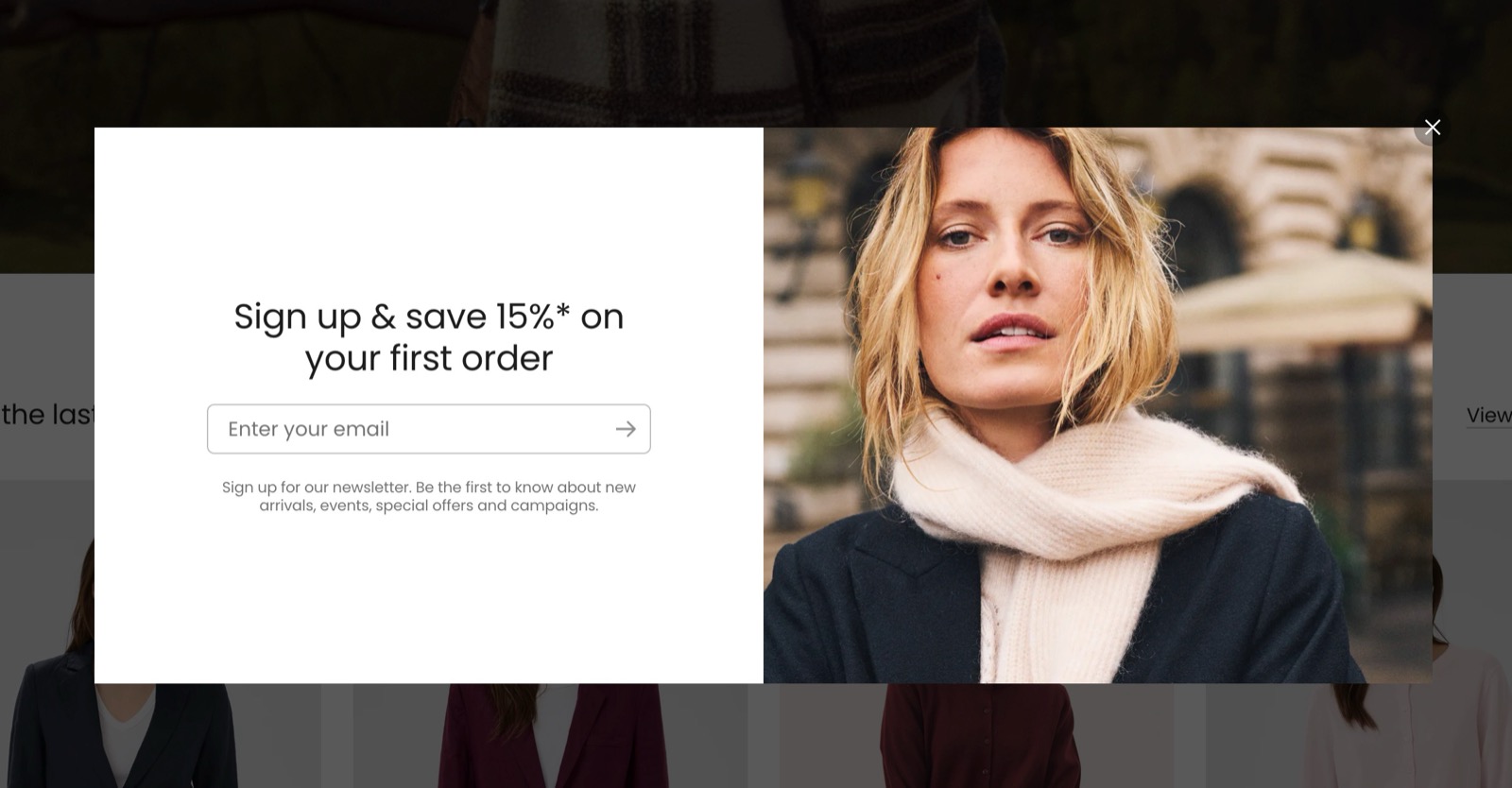 Storefront modal card: a white newsletter modal with the heading Sign up & save 15% on your first order, an email field and a woman's photo, with a close button.