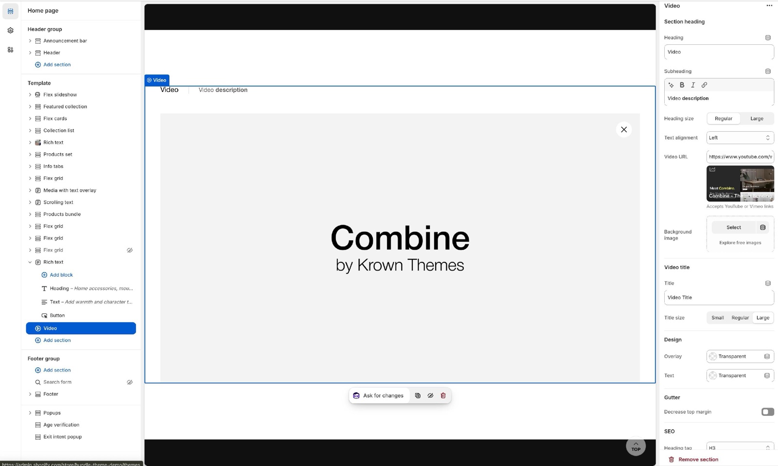 Theme editor Video section (Heading, Subheading, Heading size, Text alignment, Video URL with a YouTube link, Background image, Video title, Title size, Overlay, Text, Decrease top margin, Heading tag) beside the video poster "Combine by Krown Themes".