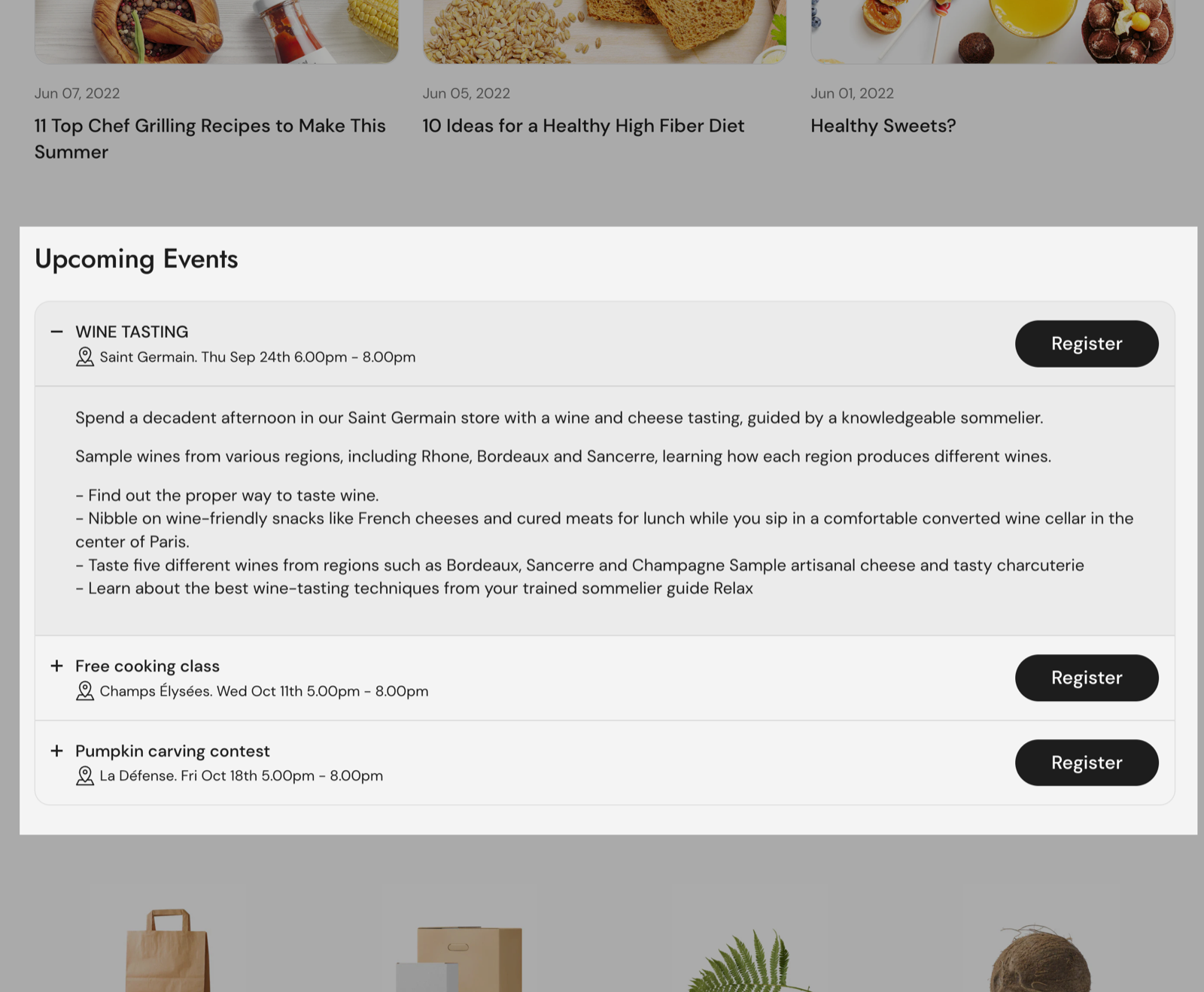 Content toggles section titled Upcoming Events: three collapsible items (Wine tasting, Free cooking class, Pumpkin carving contest) with a location and time line and a Register button each; the first is open and shows its description.