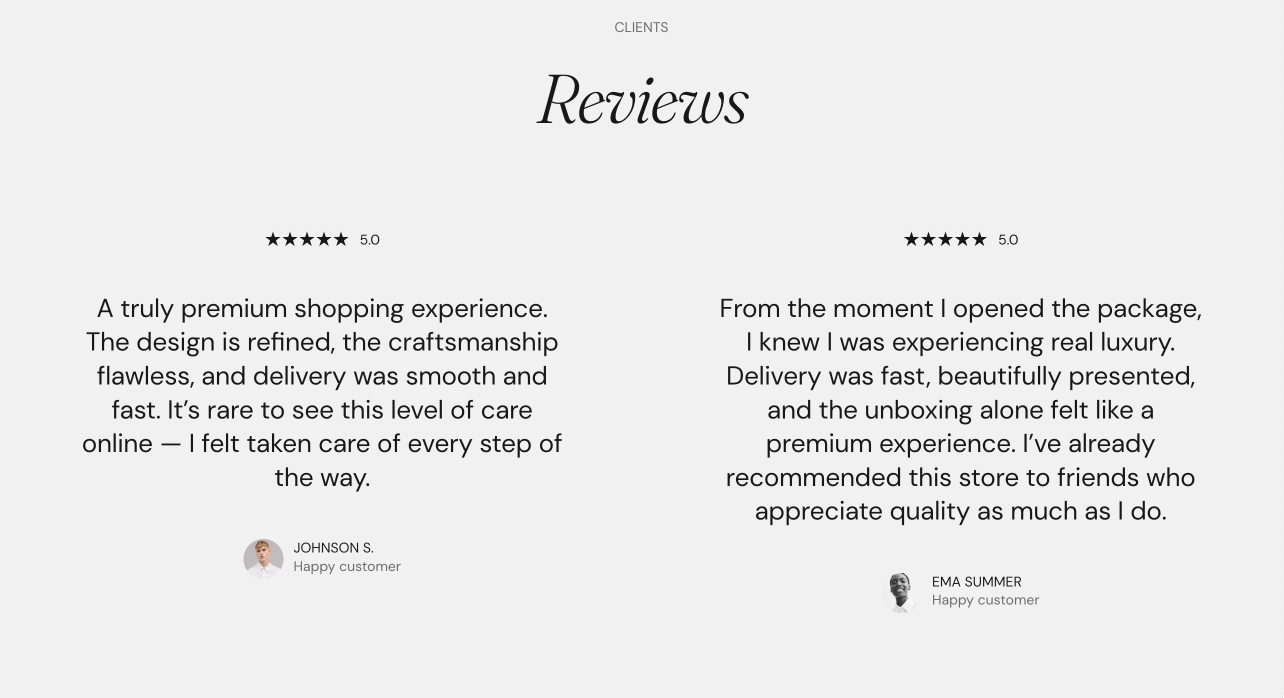 Storefront Testimonial cards under the heading Reviews: two review cards with a 5.0 star rating, quote, author avatar and name.