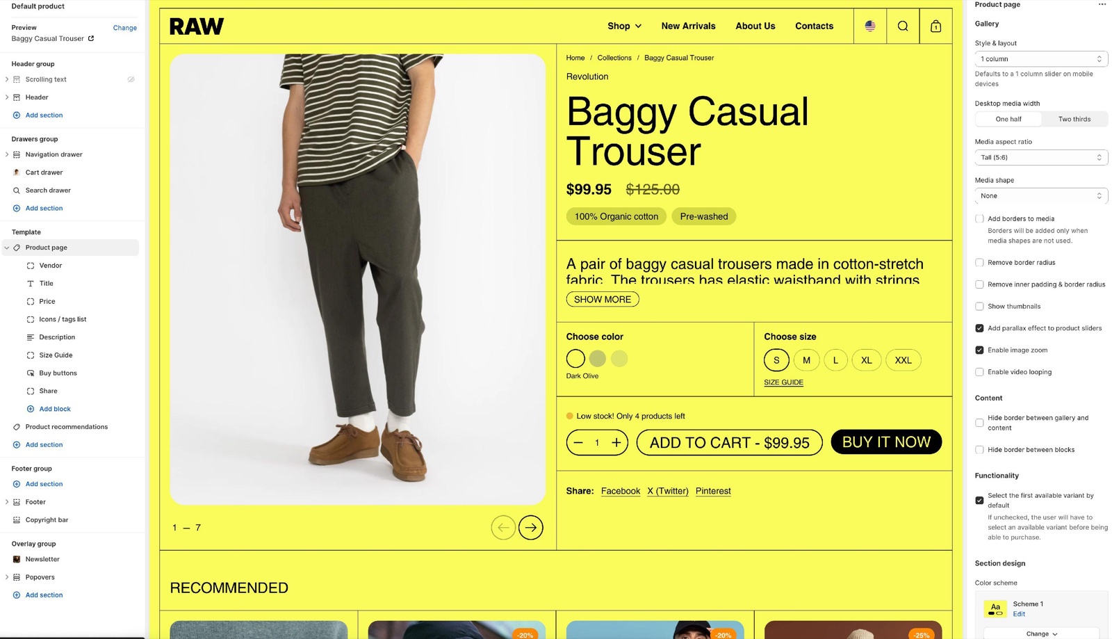 Theme editor, Product page template with the sidebar block list (Vendor, Title, Price, Icons / tags list, Description, Size Guide, Buy buttons, Share) and the Product page section Gallery, Content, Functionality and Section design settings beside the RAW product page.
