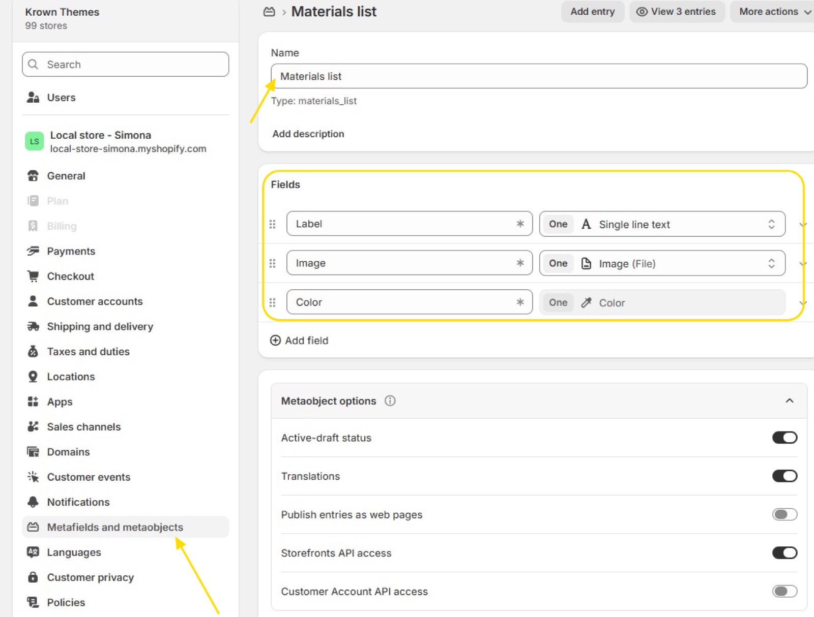 Shopify admin metaobject definition Materials list (type materials_list) with three fields: Label (Single line text), Image (Image (File)) and Color (Color).