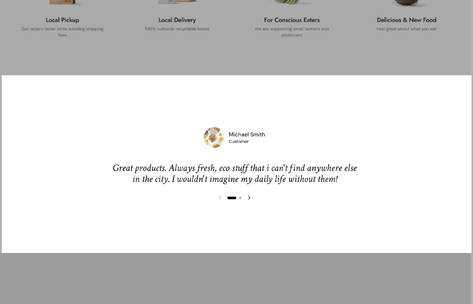 Testimonials section: one quote in italics by Michael Smith, Customer, with a round avatar and slider controls.