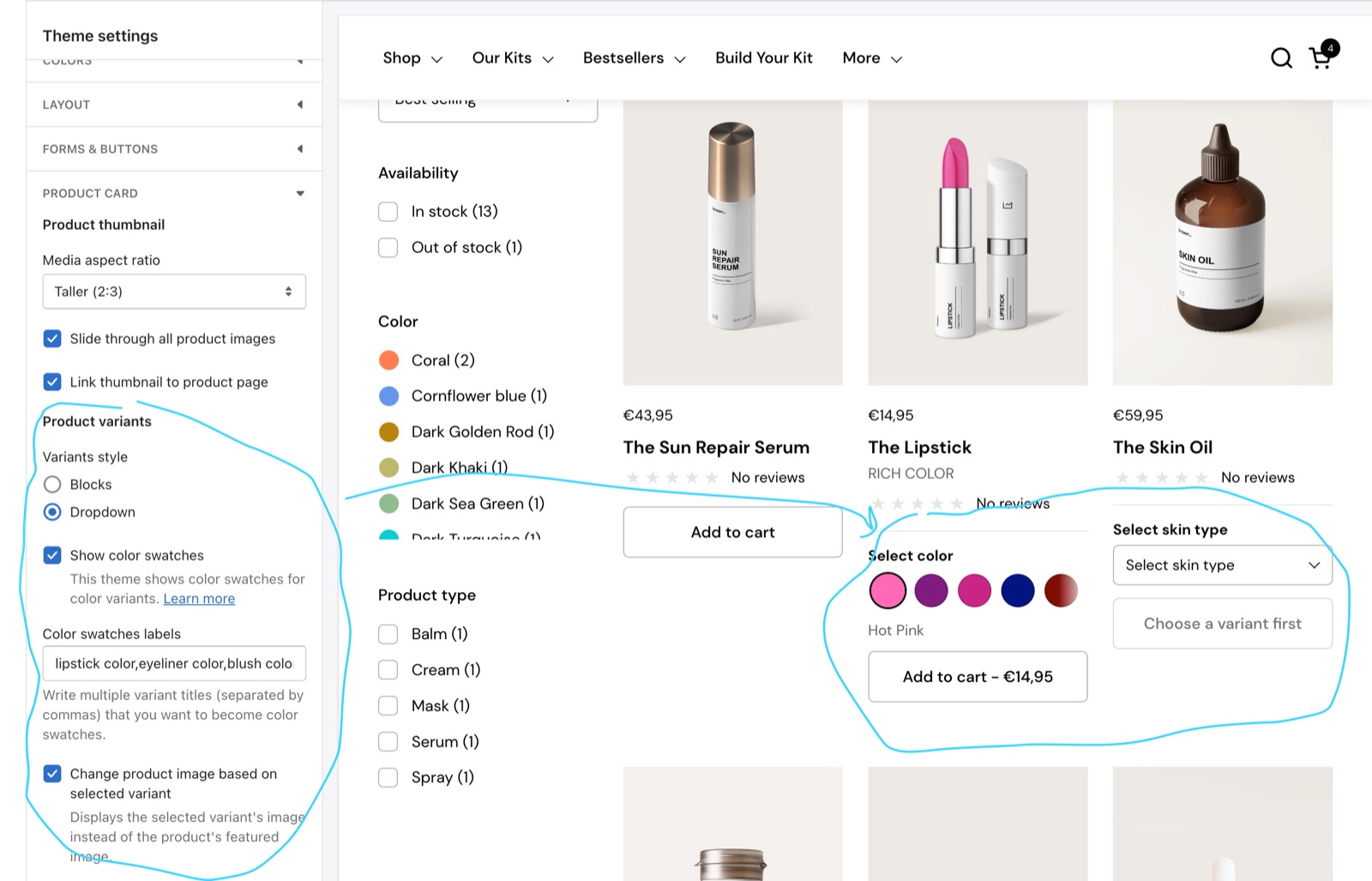 Old theme editor Theme settings → Product card → Product variants (Variants style, Show color swatches, Color swatches labels "lipstick color,eyeliner color,blush color", Change product image based on selected variant) beside a product card with pink and purple lipstick swatches.