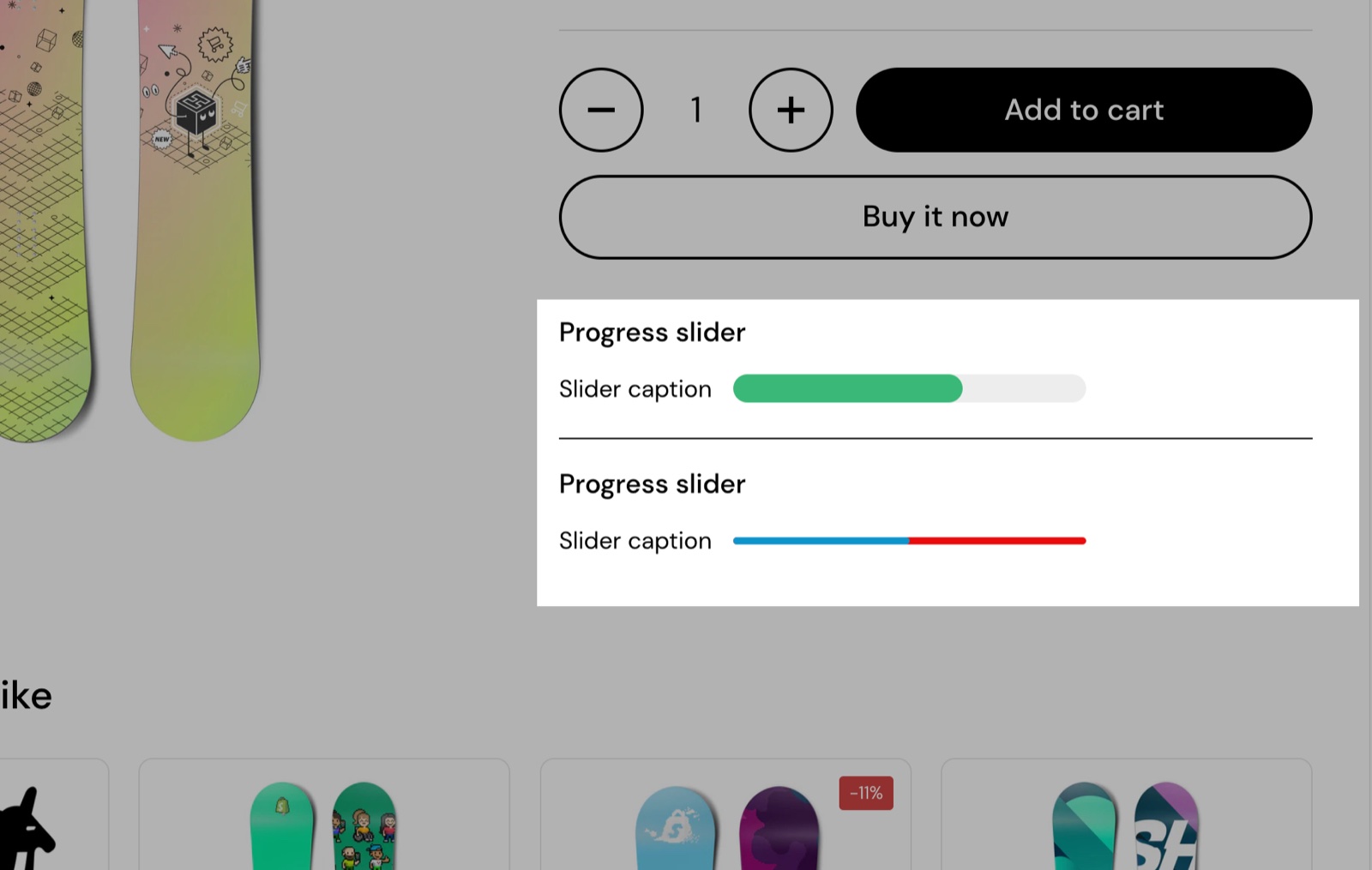 Product page with two Progress bar chart blocks highlighted, each a Slider caption with a horizontal bar: one green on grey, one blue and red.