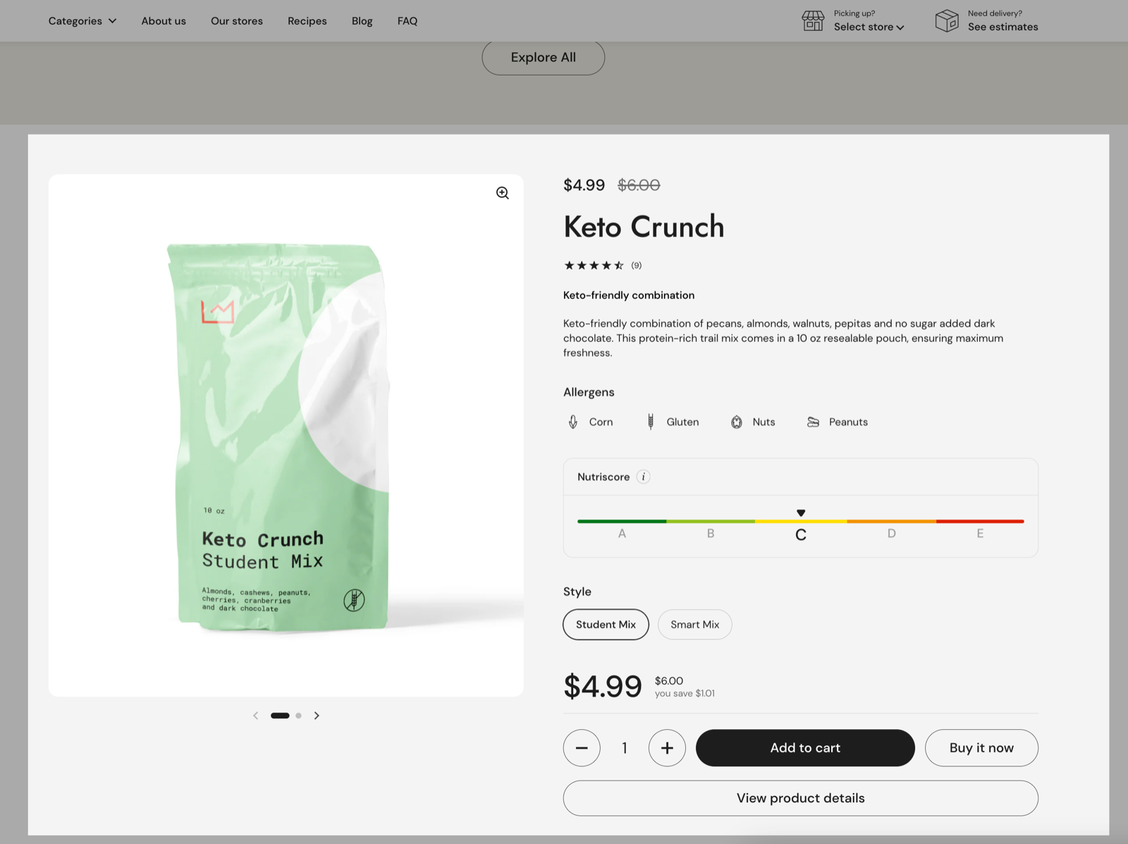 Featured product section showing Keto Crunch: the product image with a zoom icon and slider, price with compare-at price, rating, a short description, an Allergens icons list, a Nutriscore meter set to C, a Style picker, the buy buttons and a View product details button.