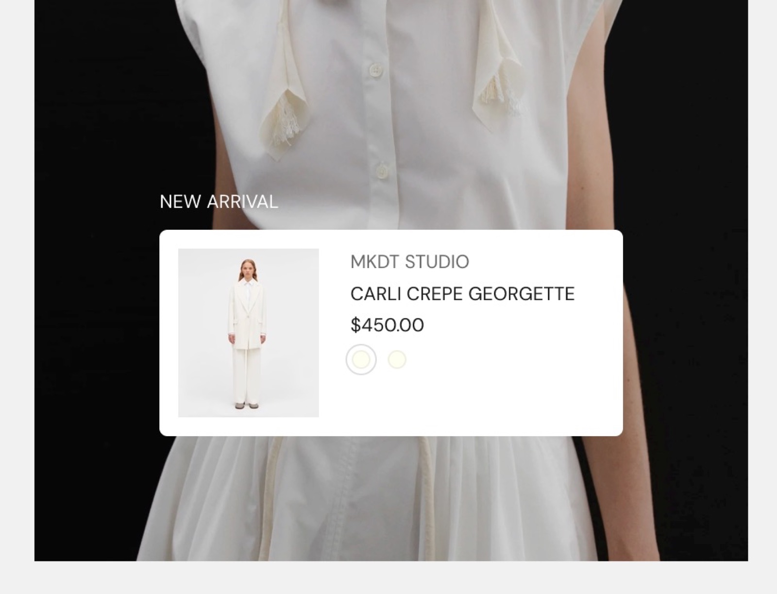 Storefront Product item block over a full-bleed photo: a caption New arrival above a white mini product card with image, vendor, name, price and two color swatches.