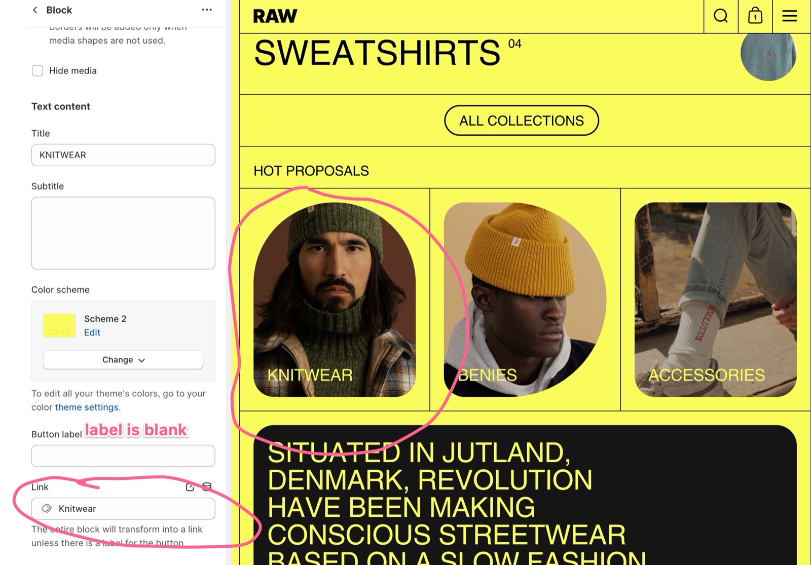 Theme editor, Rich blocks Block settings with Hide media, Text content Title KNITWEAR, Subtitle, Color scheme, a blank Button label and Link set to Knitwear, beside the HOT PROPOSALS blocks where the whole card is a link.