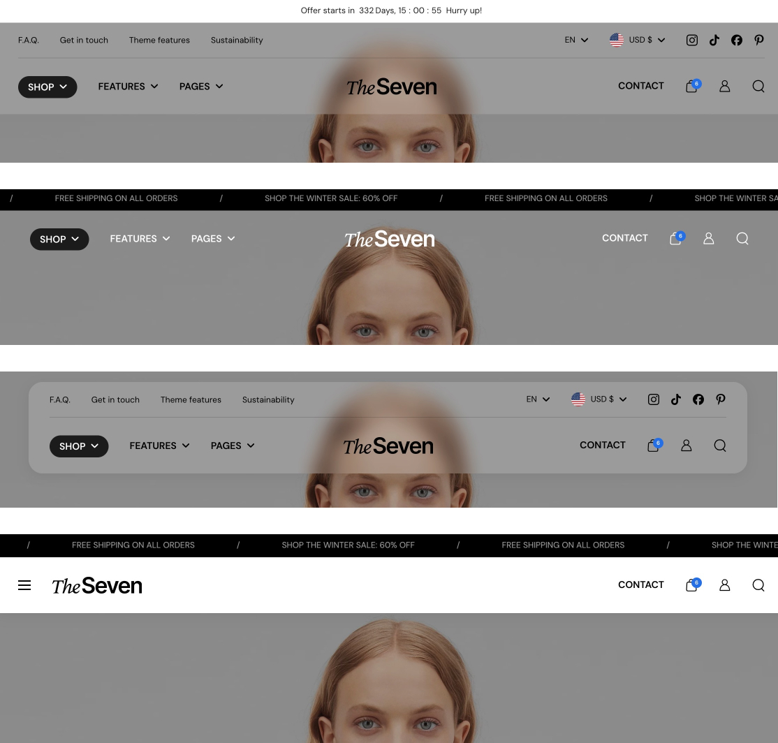 Four stacked storefront header styles over the same hero: standard with a top row, transparent, boxed translucent, and a standard header with a hamburger icon, with announcement text above.