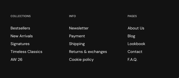 Storefront Menu blocks as three link columns (Collections, Info, Pages) on a dark background.