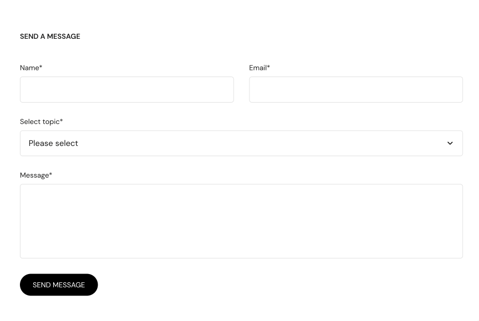 Storefront Contact form block: Send a message with Name, Email, a Select topic dropdown, Message and a Send message button.
