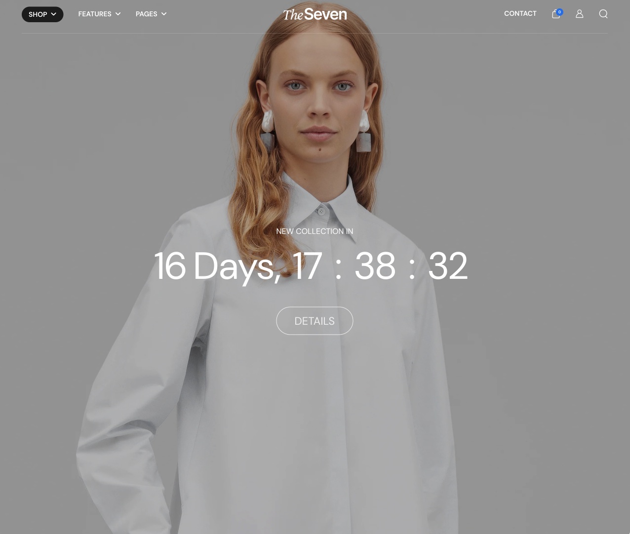 Storefront Countdown block over a hero photo showing New collection in, a running timer of days, hours, minutes and seconds and a Details button.