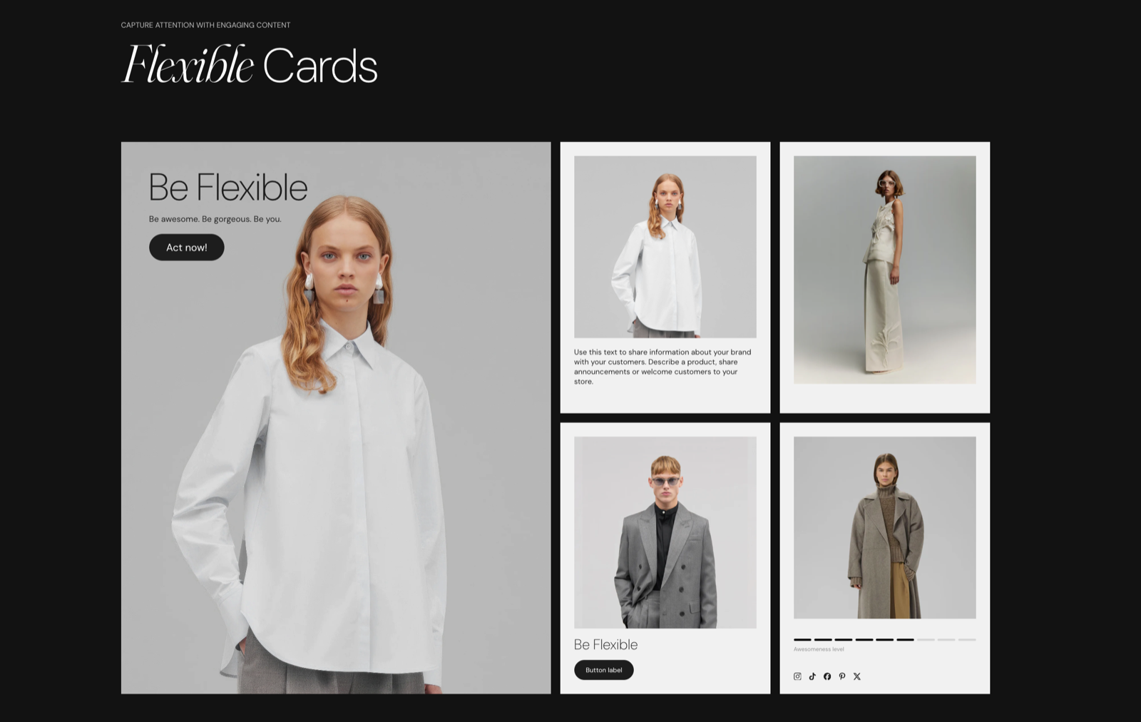 Storefront Flexible cards section on a dark background with a large Be Flexible card with an Act now button and four smaller image, text, button and social-icon cards in a grid.