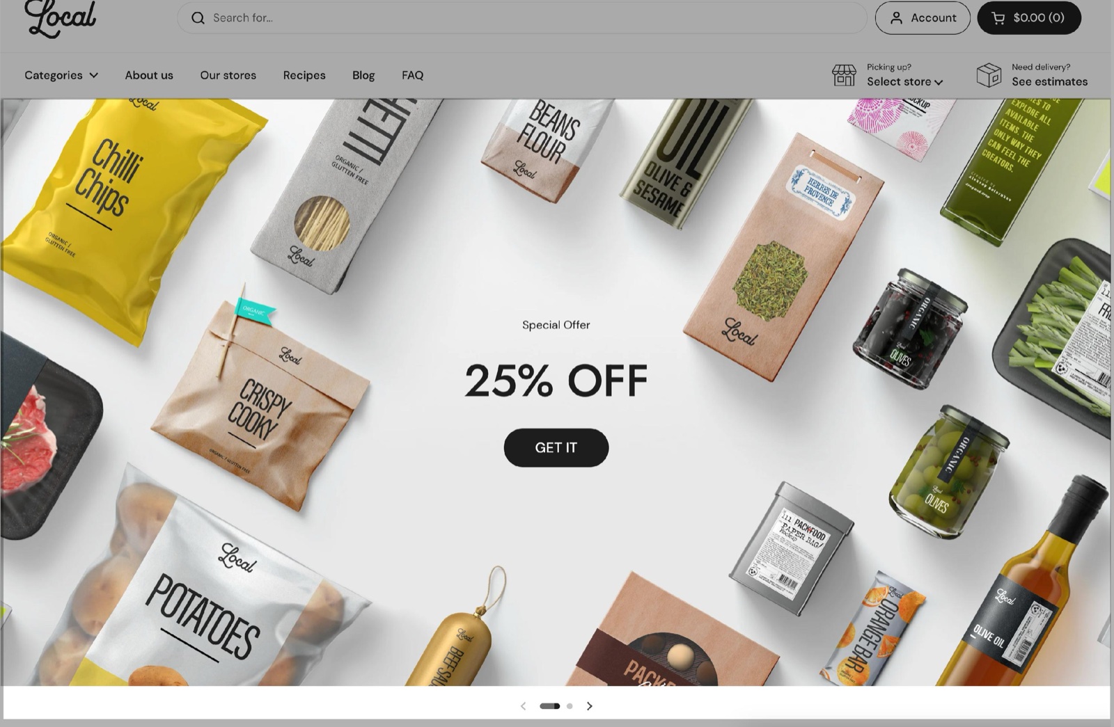 Slideshow (legacy) section on the storefront: a full-width slide of packaged groceries with the caption Special Offer, the heading 25% OFF and a GET IT button, with slider arrows below.