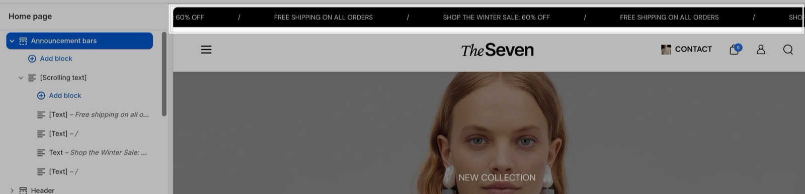 Theme editor on the Home page with the Announcement bars section expanded to a Scrolling text block and its Text blocks, with the scrolling bar highlighted in the preview.