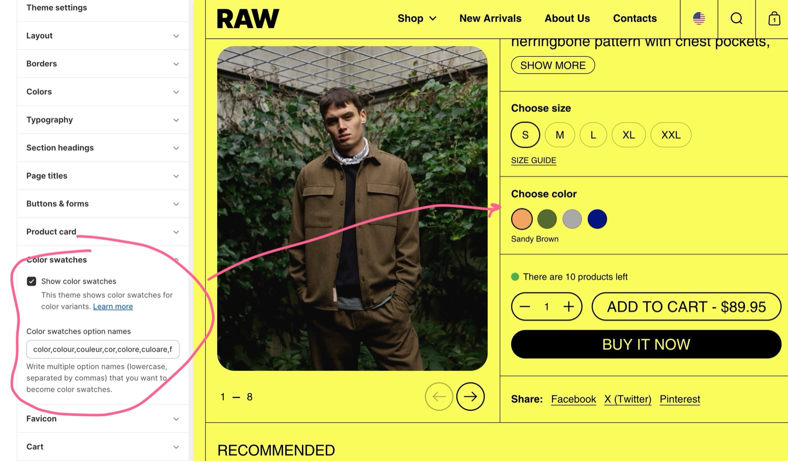 Theme editor, Theme settings → Color swatches panel with Show color swatches and Color swatches option names, with an arrow to color swatch circles labelled Sandy Brown on the RAW product page.