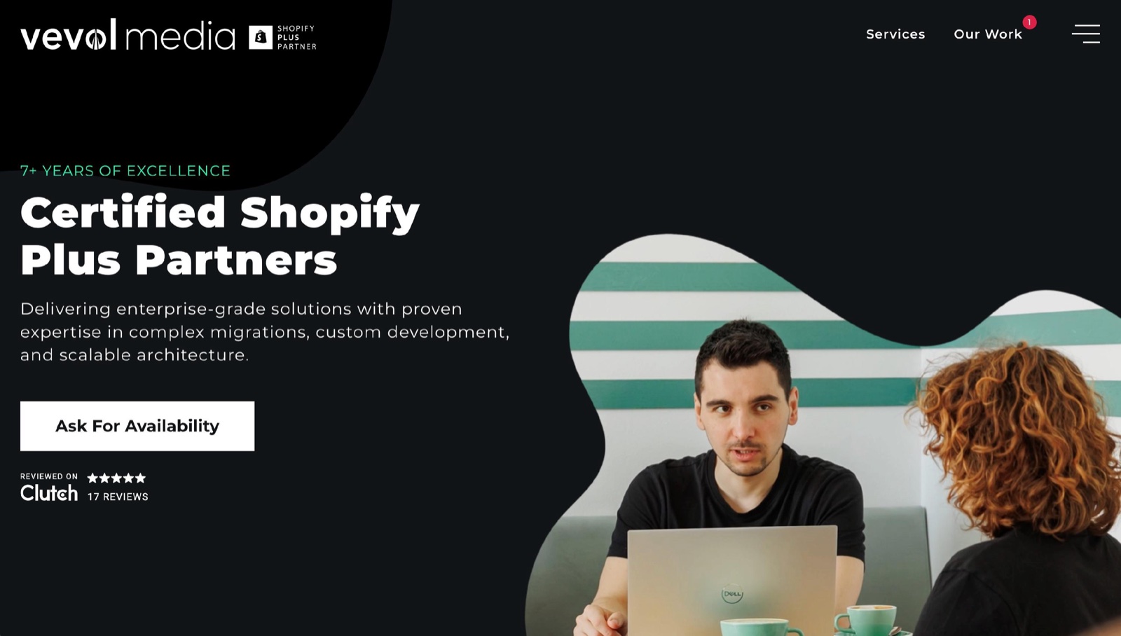Vevol Media website header: "Certified Shopify Plus Partners", custom development and migrations, with an Ask For Availability button.
