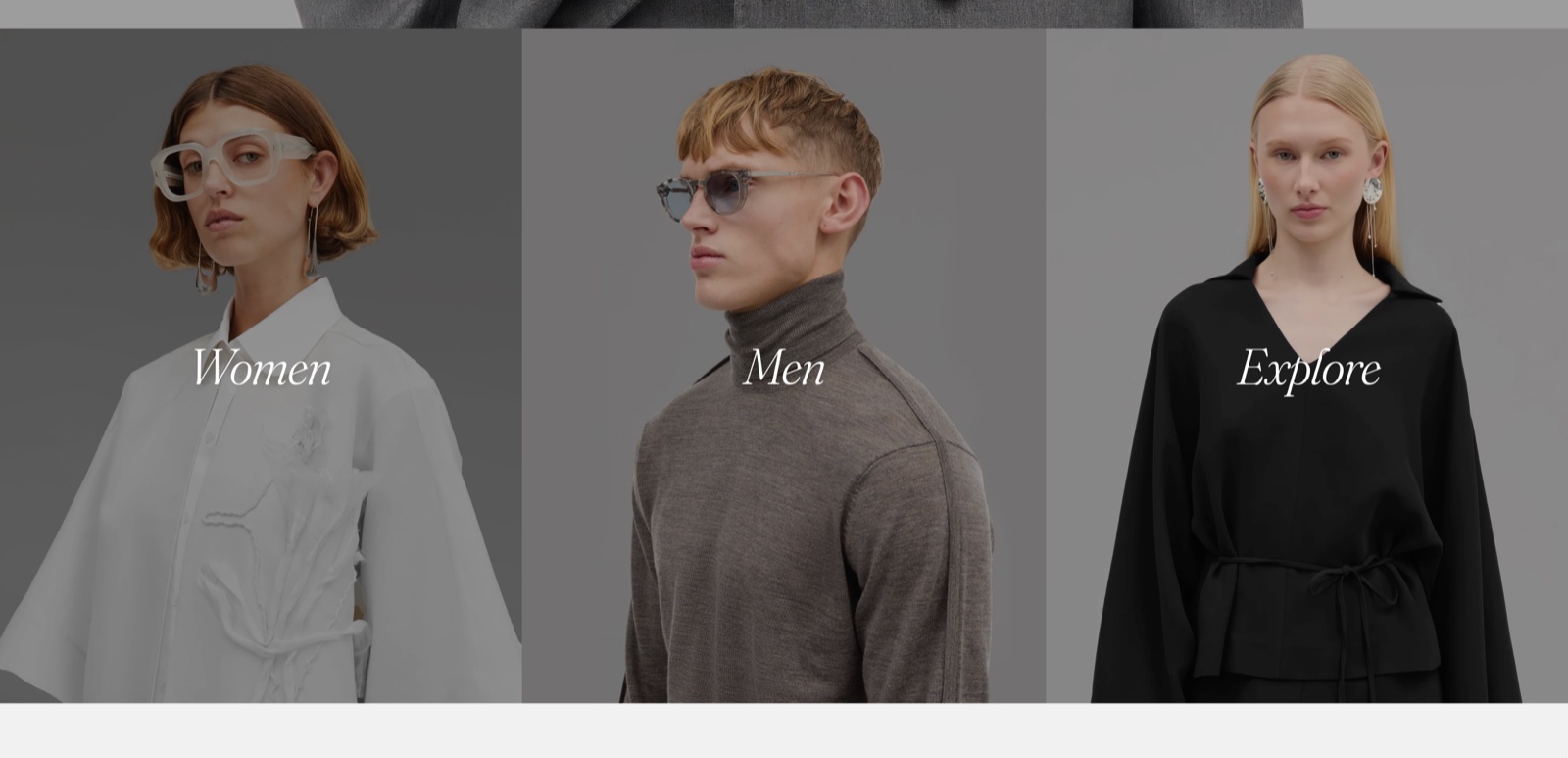 Storefront Link cards section: three full-height photo columns labelled Women, Men and Explore over darkened model photos.