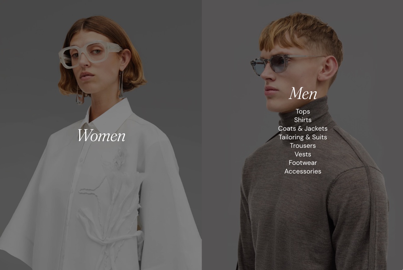 Storefront Links card pair: two full-height photo cards named Women and Men, the Men card showing its list of category links.