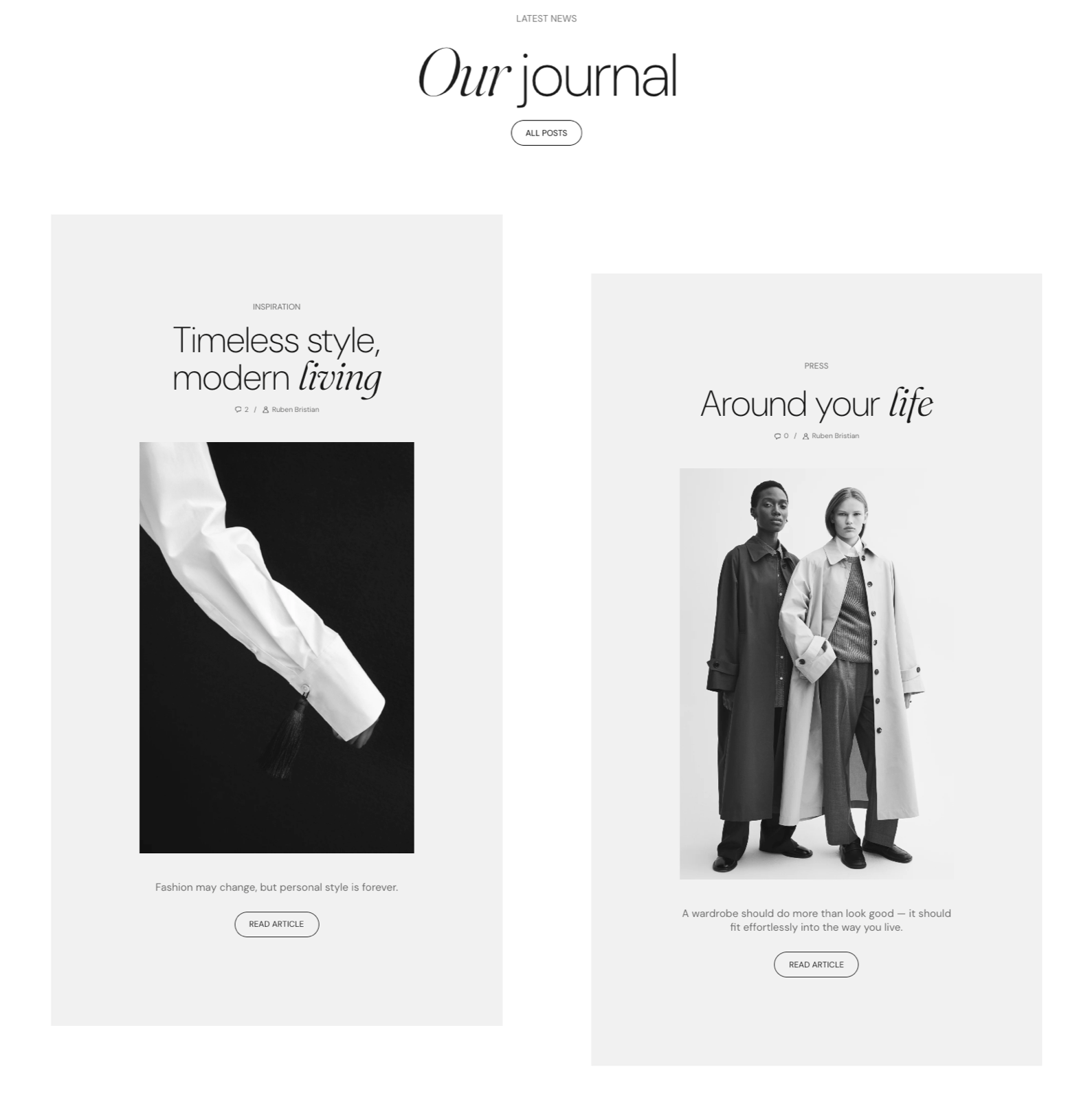 Storefront Blog posts section with the heading Our journal, an All posts button and two article cards showing category, title, comment count, image, excerpt and a Read article button.