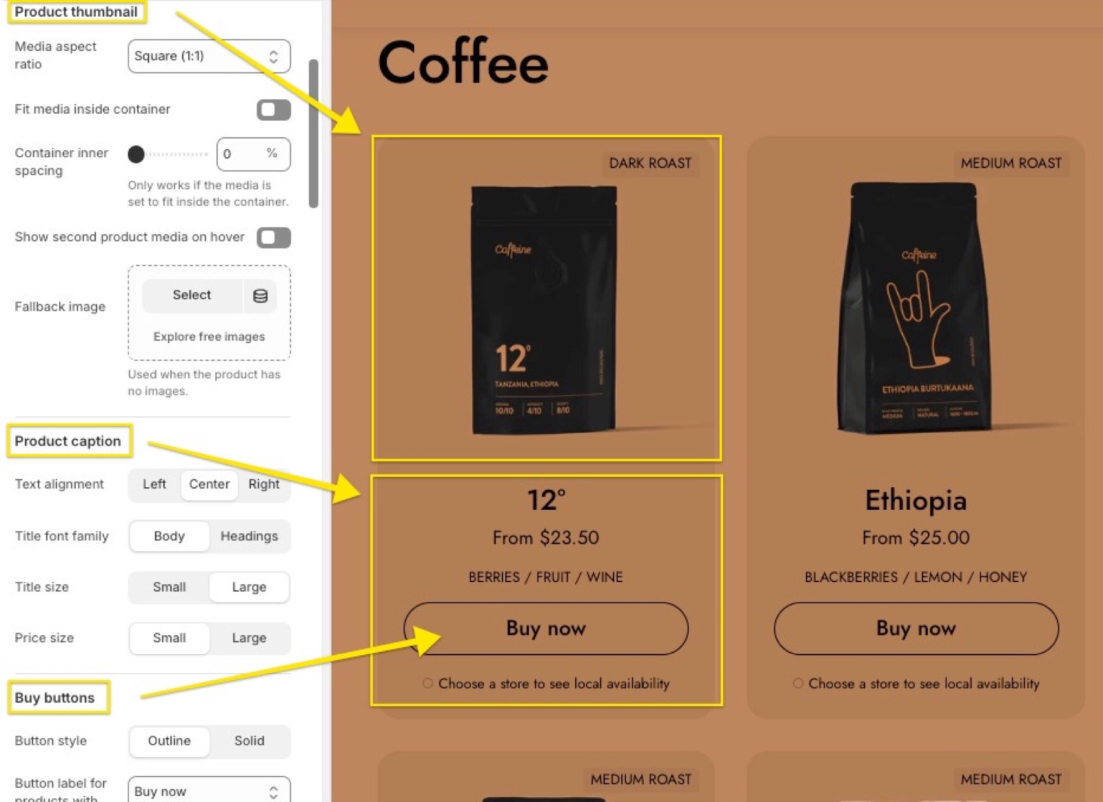Theme editor Theme settings → Product card panel (Product thumbnail, Product caption and Buy buttons groups) beside Caffeine demo product cards, with arrows from each group to the image, the title and price, and the Buy now button.