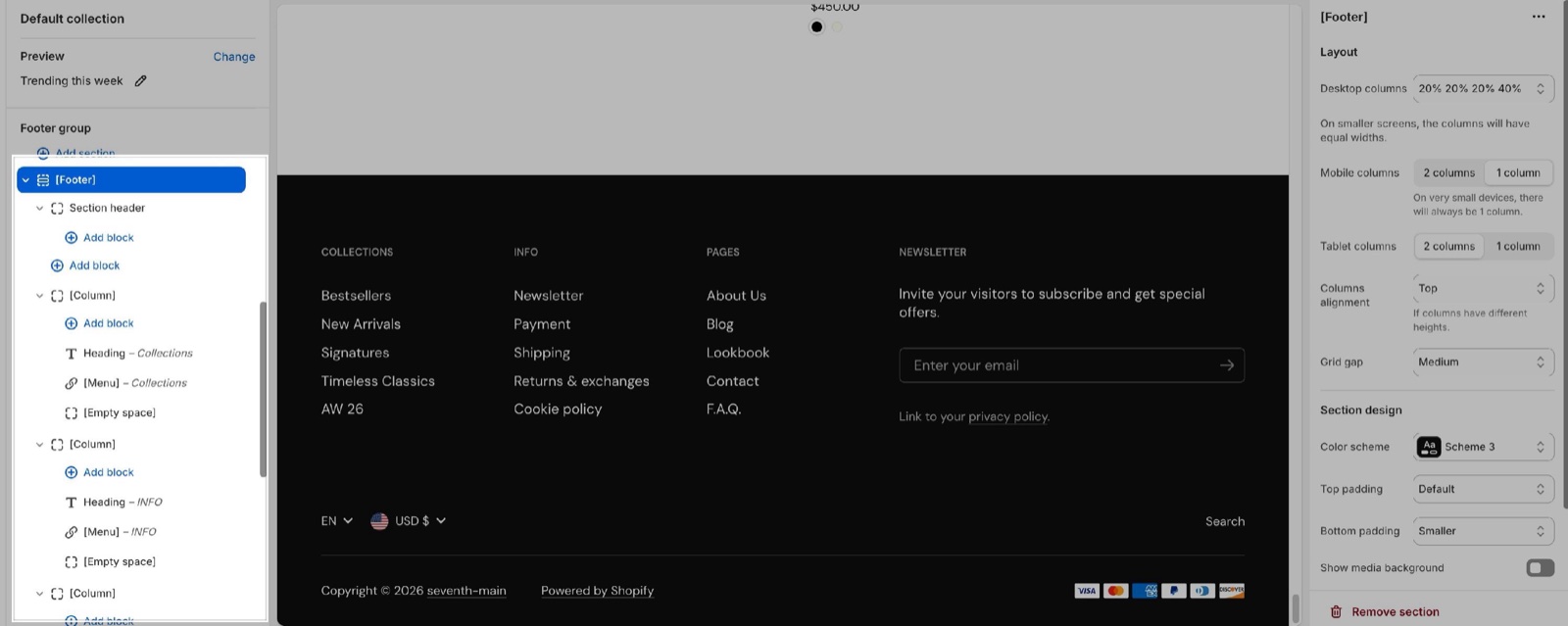 Theme editor Footer group with the Footer section expanded (Section header and Column blocks) and its Layout and Section design panel beside the dark footer preview.