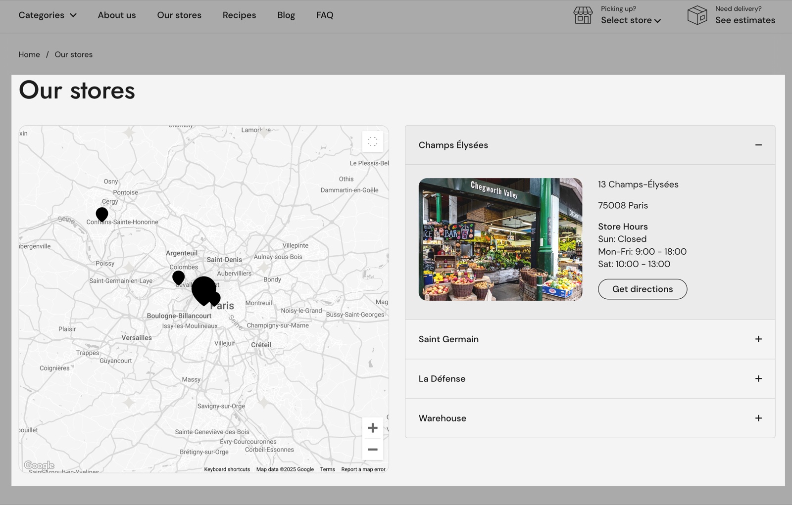 Stores map section titled Our stores: a Google map of Paris with store pins on the left and a store list on the right; Champs Élysées is open and shows its image, address, store hours and a Get directions button.