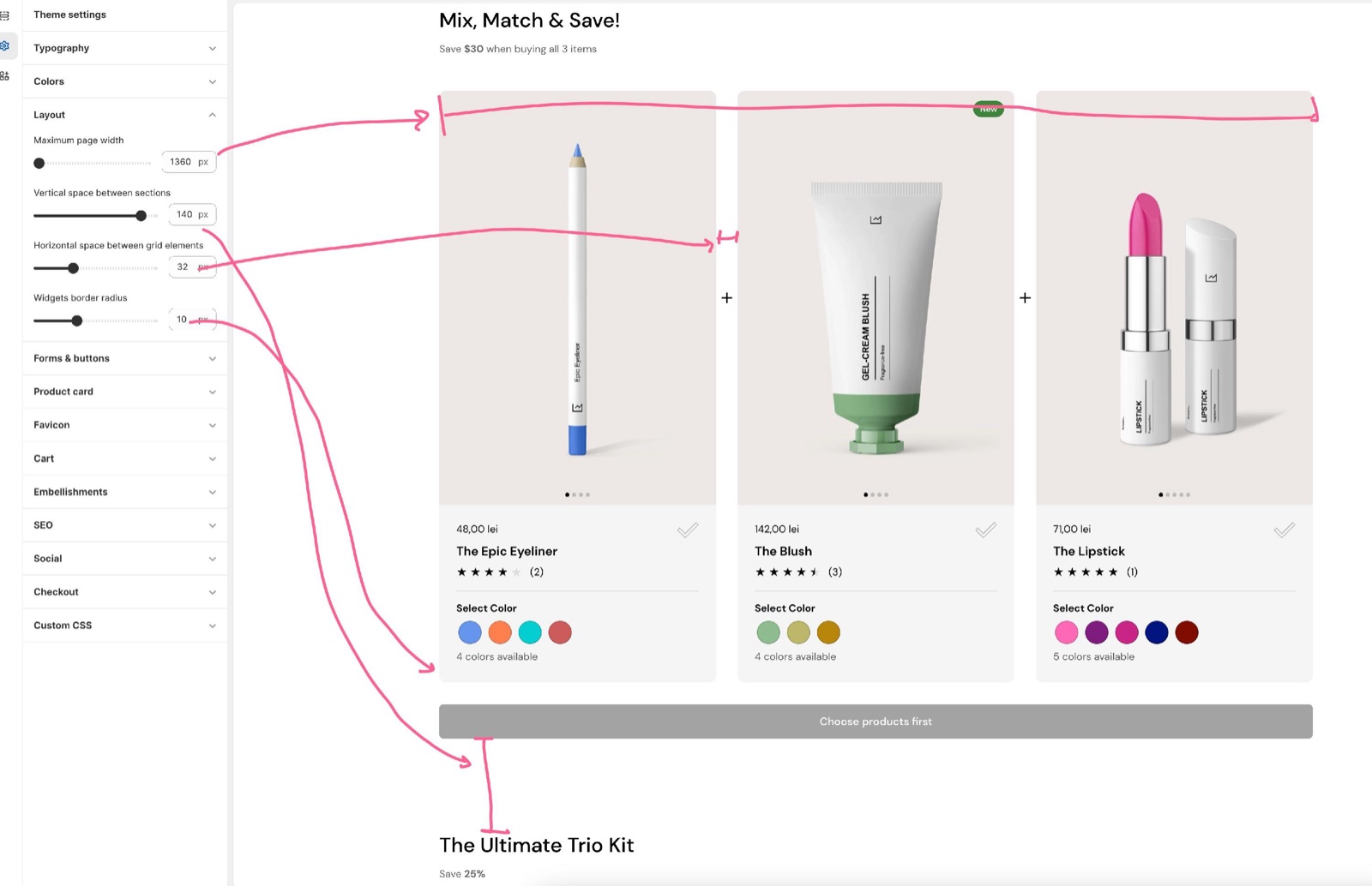 Theme editor Theme settings → Layout panel (Maximum page width, Vertical space between sections, Horizontal space between grid elements, Widgets border radius) with arrows to the spacing they change in a Products set section.