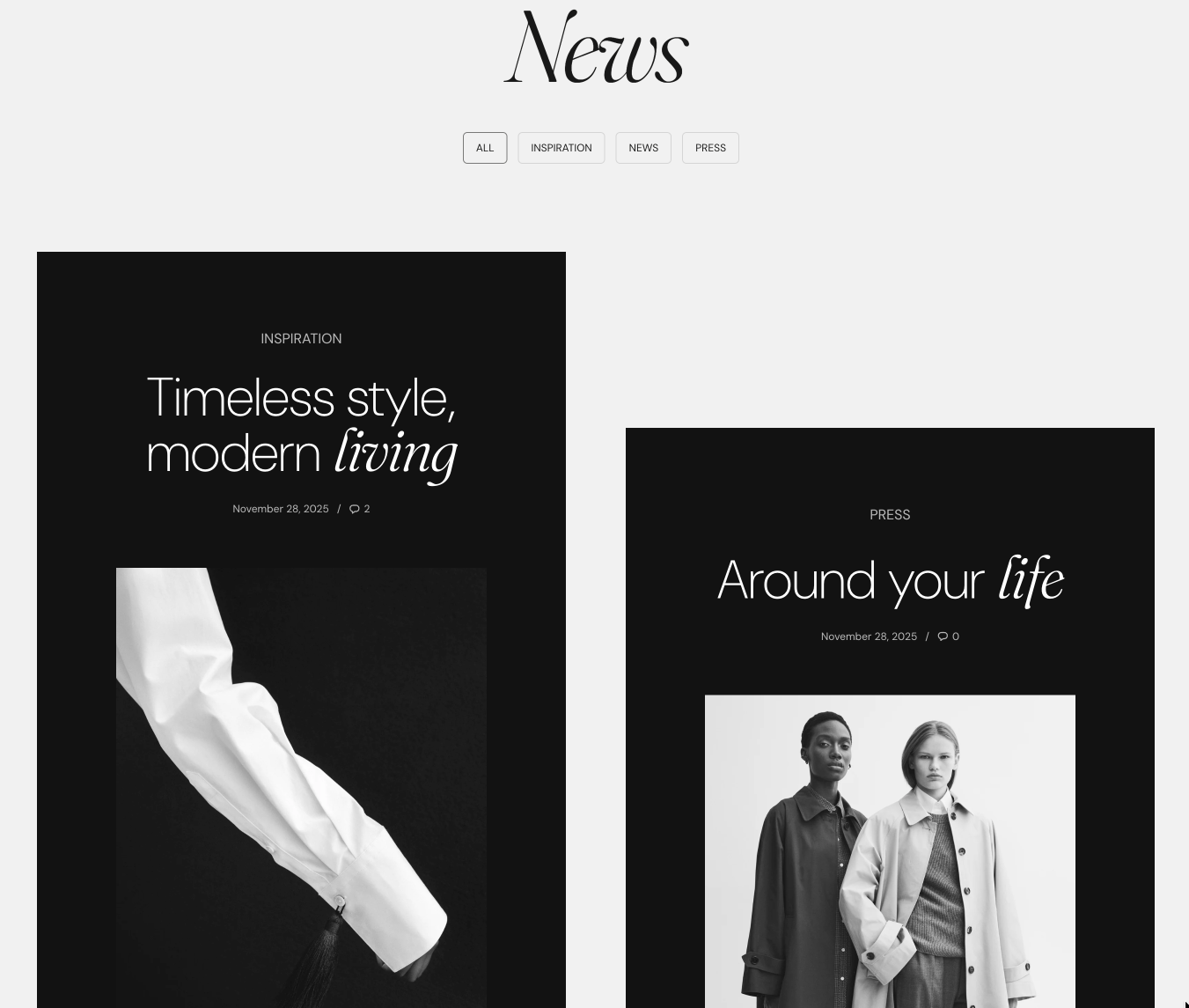 Storefront Blog page: the heading News, tag filter buttons (All, Inspiration, News, Press) and two dark article cards with date, comment count and image.