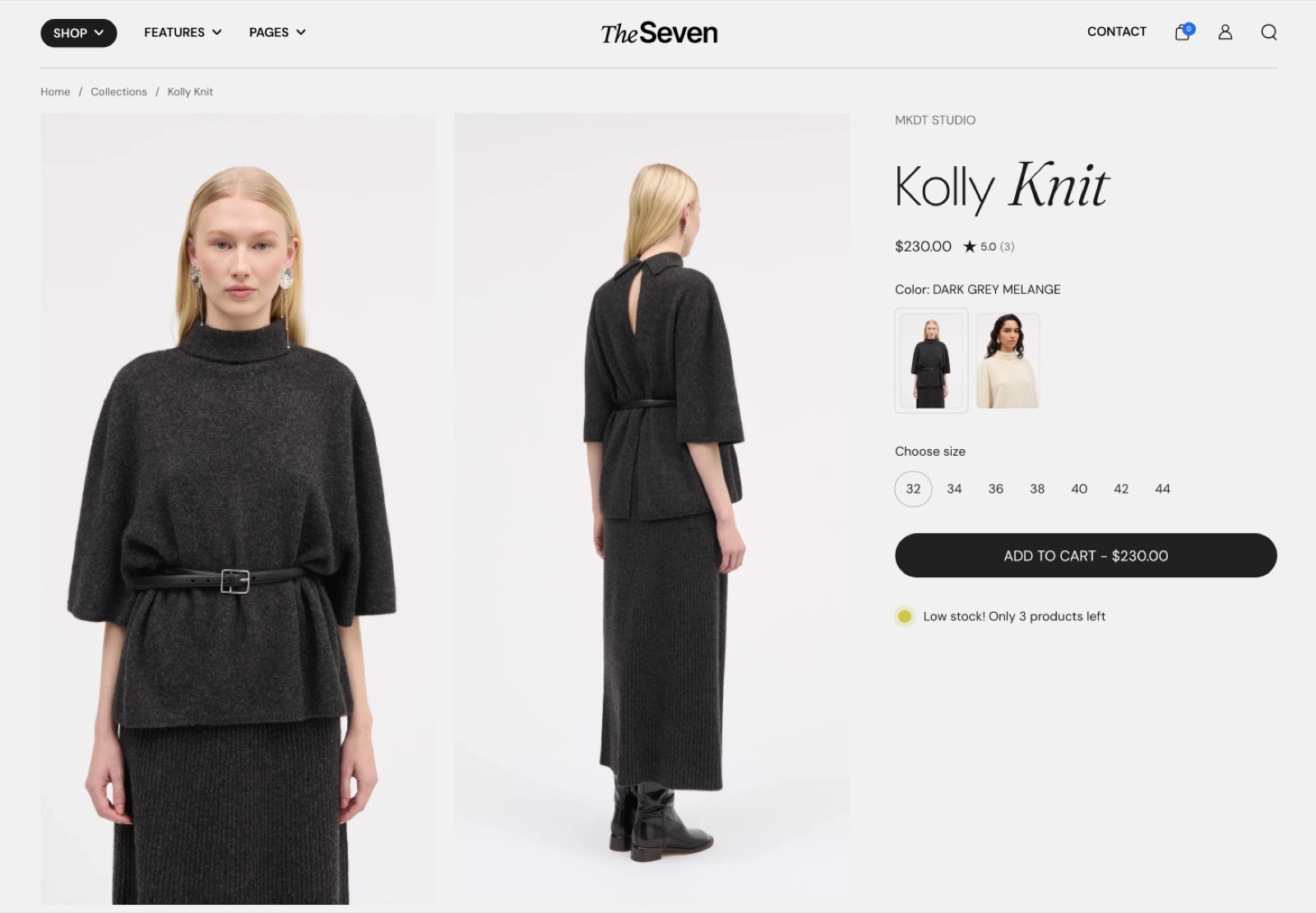 Storefront product page for Kolly Knit with two photos on the left and the product information on the right: vendor, title, price, rating, color swatches, size picker, Add to cart and a low stock line.