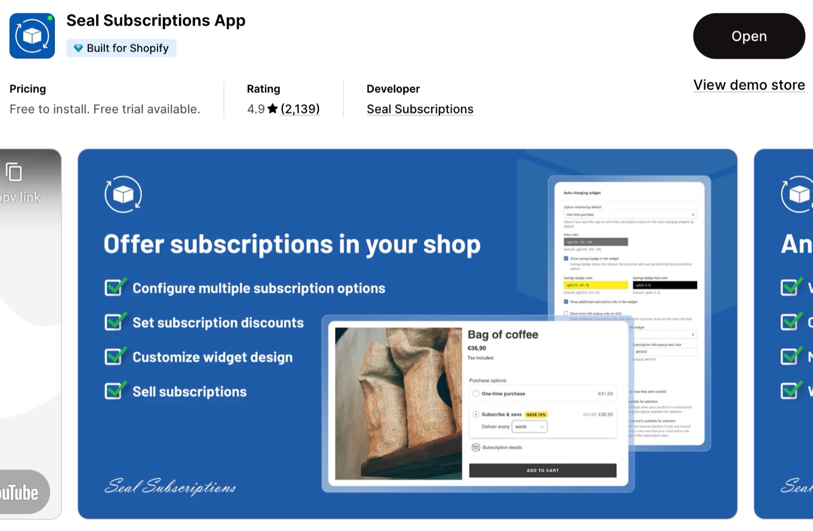 Seal Subscriptions App Store listing: free to install, rating 4.9, and a banner "Offer subscriptions in your shop".