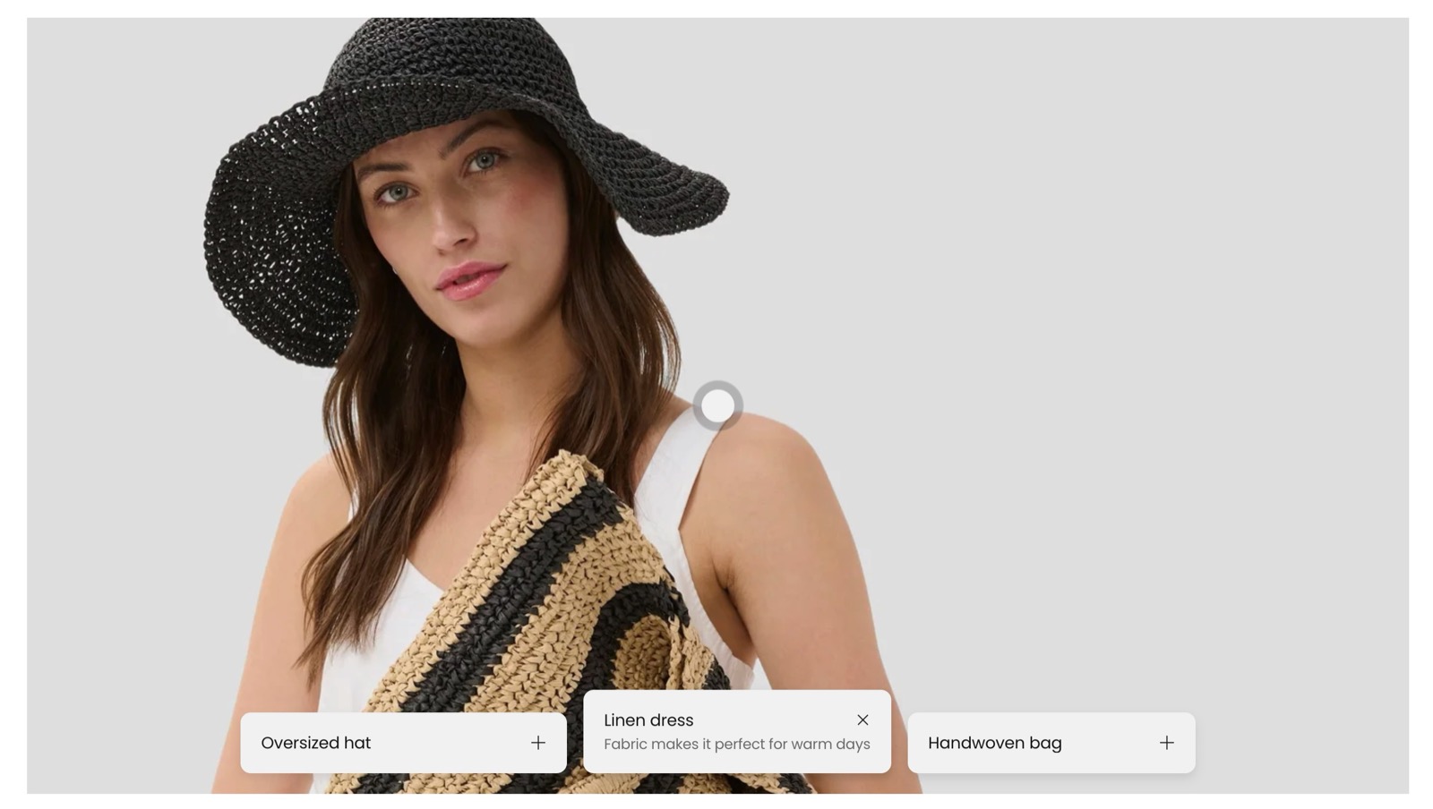 Storefront Features viewer with zoom tabs: a photo of a woman with a hat and a bag, a hotspot ring on the image and three pill tabs along the bottom, the middle tab open.