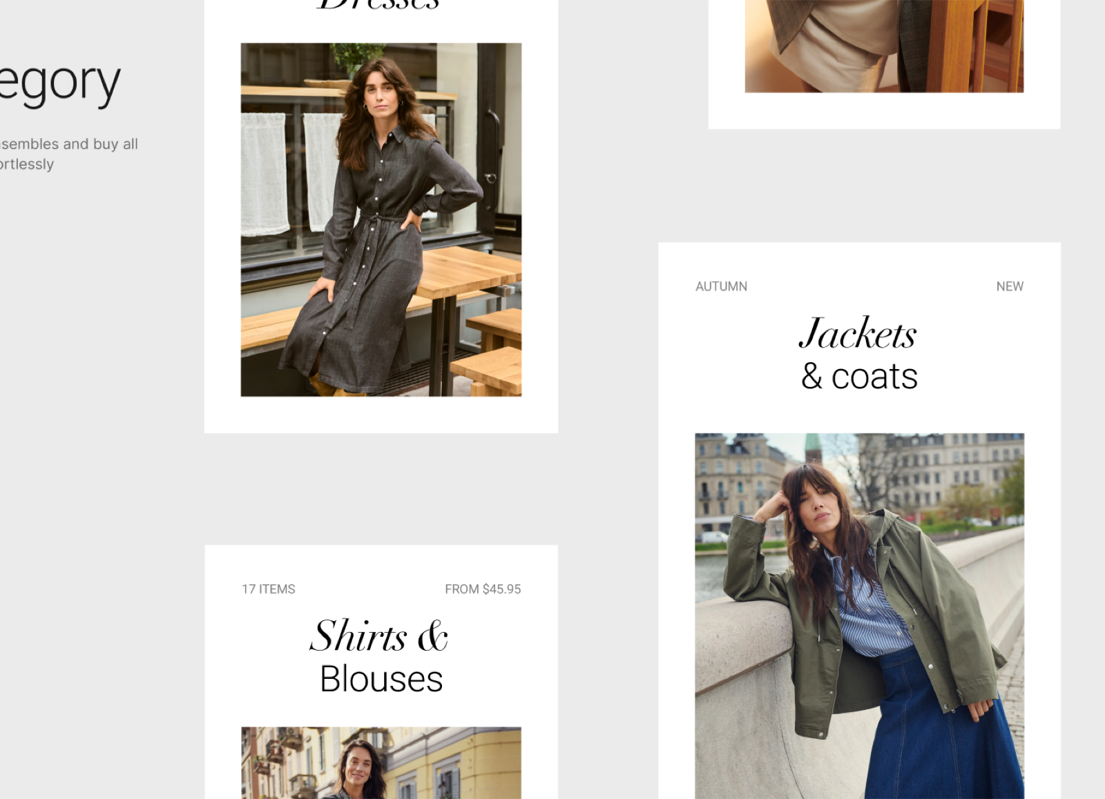 Storefront grid of white category cards (Dresses, Shirts & Blouses, Jackets & coats) with small caption labels, a serif italic heading and a photo each.