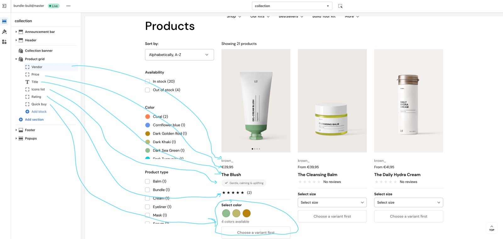 Theme editor Collection page with the Product grid blocks Vendor, Price, Title, Icons list, Rating and Quick buy, each linked by an arrow to its place on a product card (vendor, price, title, icon pill, stars, color swatches and Choose a variant first button).