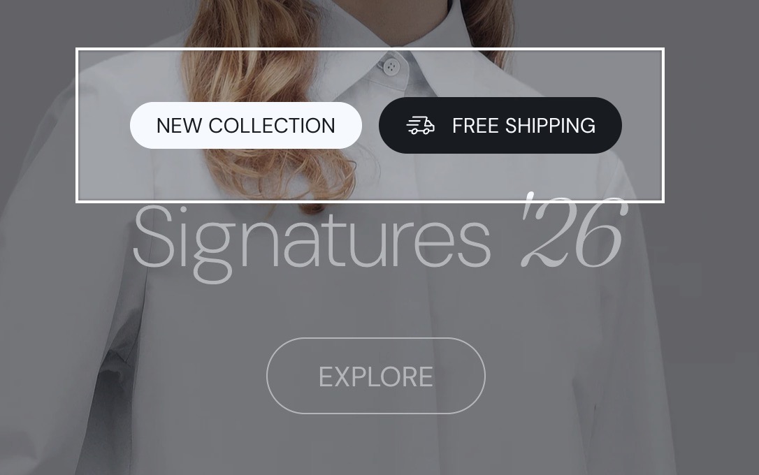 Storefront hero with the Caption block highlighted: two pill captions, New collection and Free shipping (with a truck icon), above the heading Signatures '26.