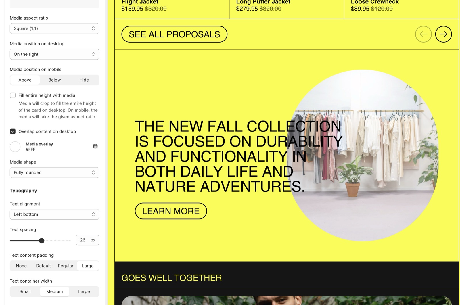 Theme editor, Rich text section media and typography settings with Media aspect ratio, Media position on desktop and mobile, Fill entire height with media, Overlap content on desktop, Media overlay, Media shape Fully rounded and Typography, beside text overlapping a round image.
