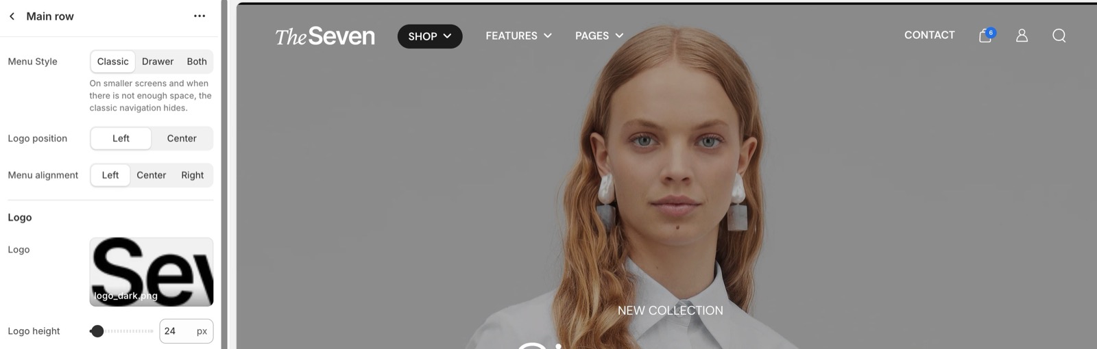 Theme editor Header > Main row panel with Menu Style (Classic, Drawer, Both), Logo position, Menu alignment, the Logo image and Logo height beside the header preview.