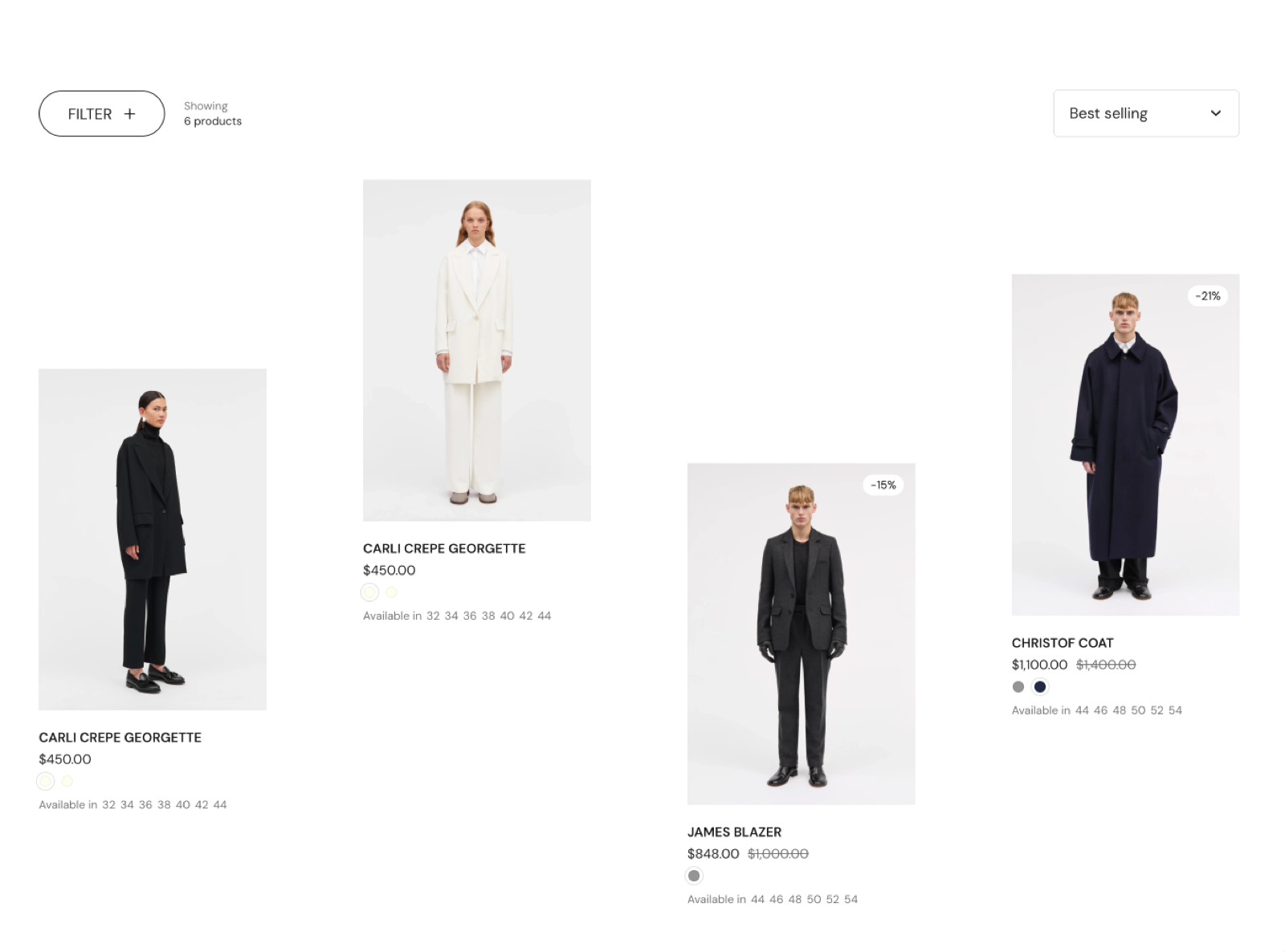 Storefront Collection grid with a Filter button, a showing-count line and a Best selling sort menu above scattered product cards with sale badges.